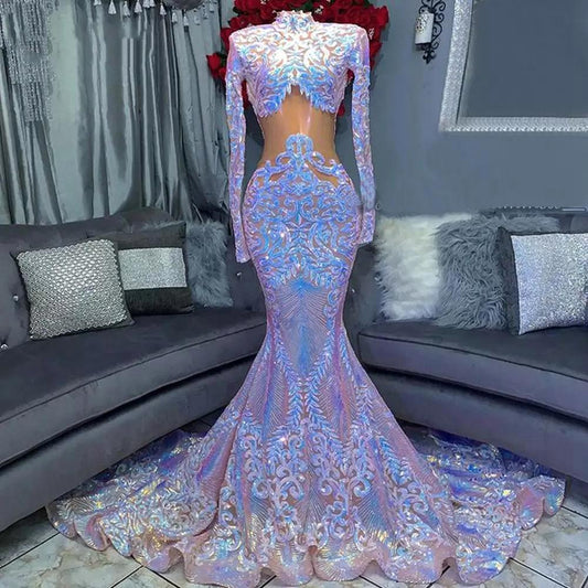 High Neck Long Sleeves Mermaid Prom Dress with Sequins Lace