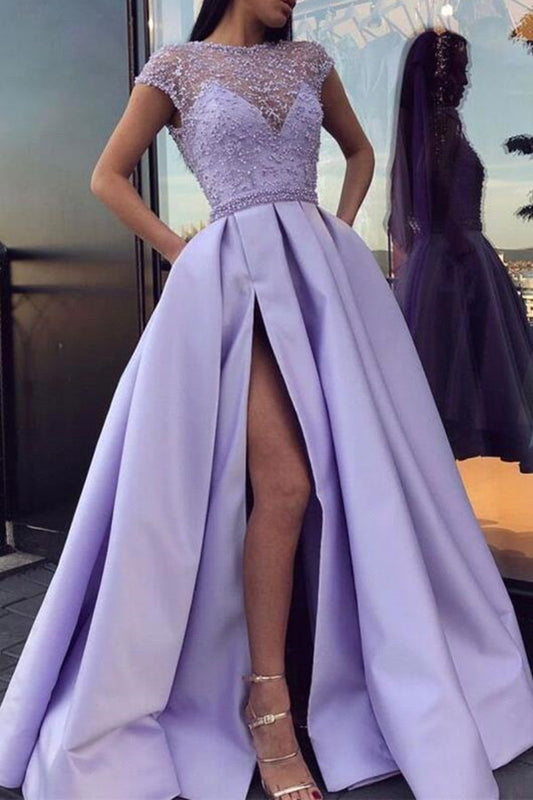 Amazing Short Sleeves Lavender Prom Dress Split With Beadings