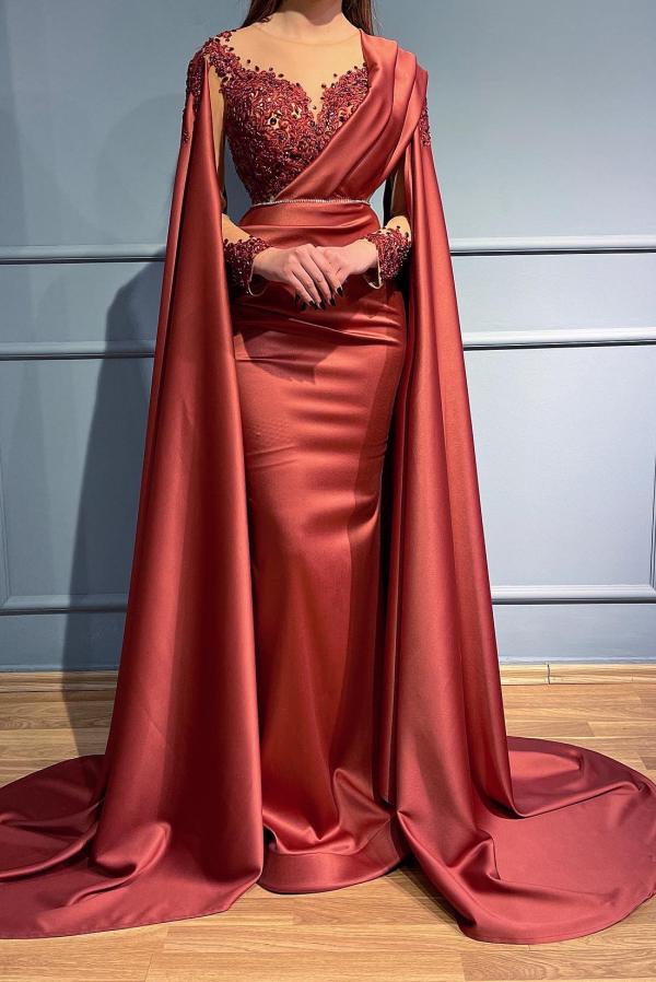 Modern Rust Long Sleeves Prom Dresseses Mermaid With Lace Appliques Ruffles