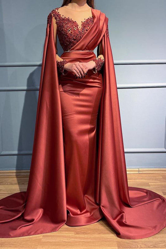 Modern Rust Long Sleeves Prom Dresseses Mermaid With Lace Appliques Ruffles