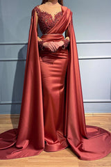Modern Rust Long Sleeves Prom Dresseses Mermaid With Lace Appliques Ruffles