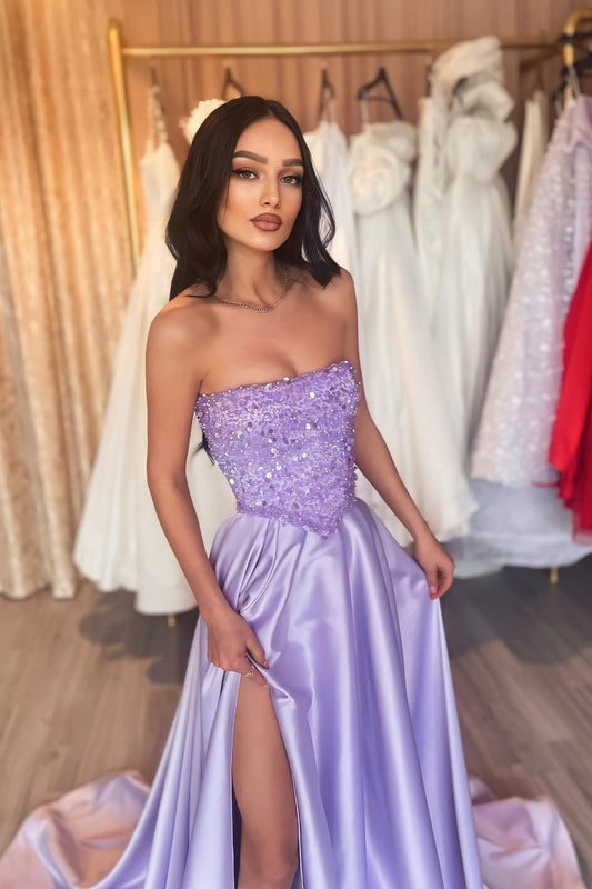 Gorgeous Lilac Strapless A-line Prom Dress Sequins With Split