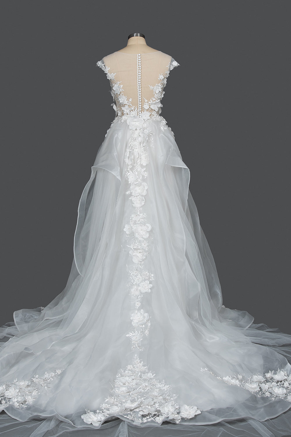 Elegant Cap Sleeve Wedding Gown with Floral Appliques and Jewel Accents