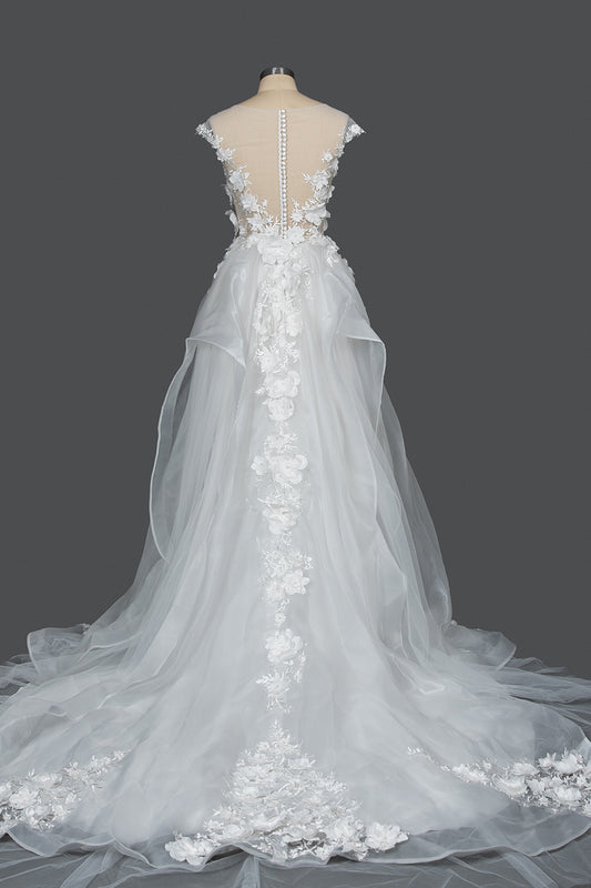 Elegant Cap Sleeve Wedding Gown with Floral Appliques and Jewel Accents