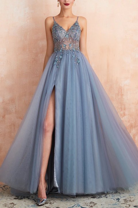 Dusty Blue V-Neck Tulle Prom Dress A Line with Split