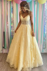 Classy Daffodil Spaghetti-Straps Sleeveless Prom Dress Long With Appliques