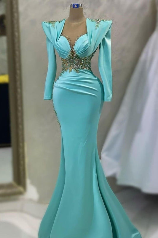 Stunning Tiffany Blue Long Sleeves Evening Prom Dresss Mermaid With Beads Pearls