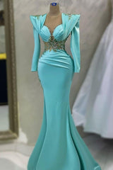 Stunning Tiffany Blue Long Sleeves Evening Prom Dresss Mermaid With Beads Pearls
