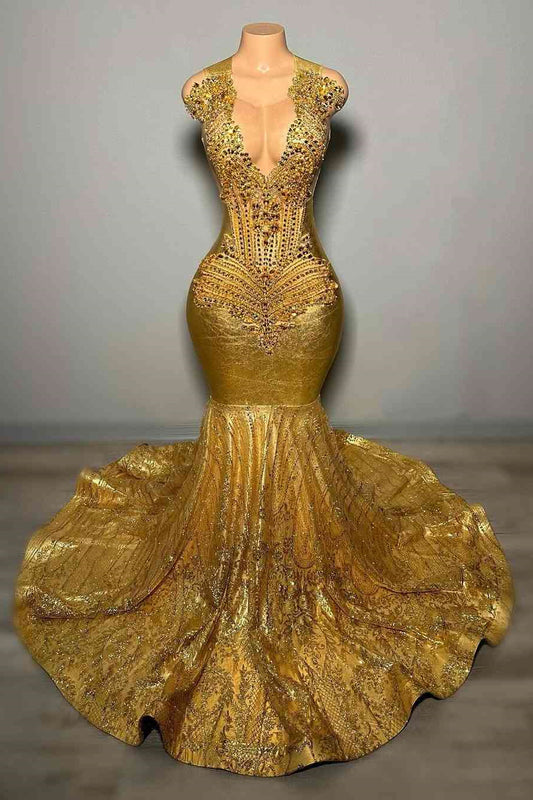 Modern Gold Sleeveless Sequins Mermaid Prom Dress Long With Beadings