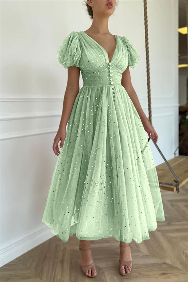 Elegant Taupe Pink V-Neck Short Sleeves Prom Dress with Sequins