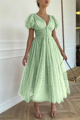 Elegant Taupe Pink V-Neck Short Sleeves Prom Dress with Sequins