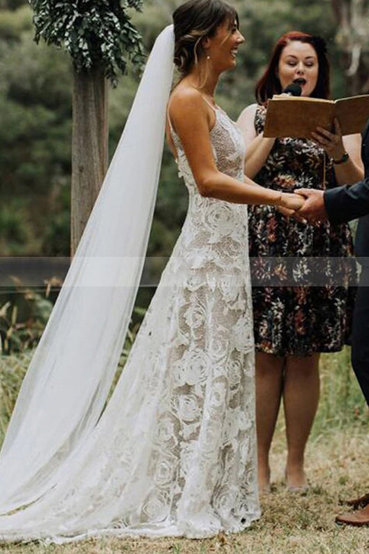 Elegant Backless A-line Wedding Dress with Lace and Spaghetti Straps