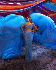 Blue Heavy Prom Dress Sequins Off-The-Shoulder Beaded V Neck