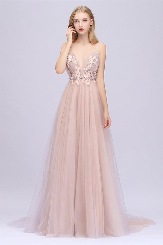 Gorgeous Blushing Spaghetti-Straps Prom Dresses Tulle Backless With Appliques