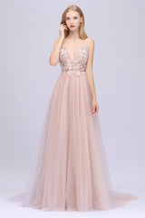 Gorgeous Blushing Spaghetti-Straps Prom Dresses Tulle Backless With Appliques