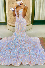 Classic Deep V-Neck Mermaid Prom Dress Sleeveless Sequins Long