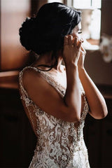 Mermaid Wedding Dress with Sheer Straps, Chapel Train, and Lace Beadings