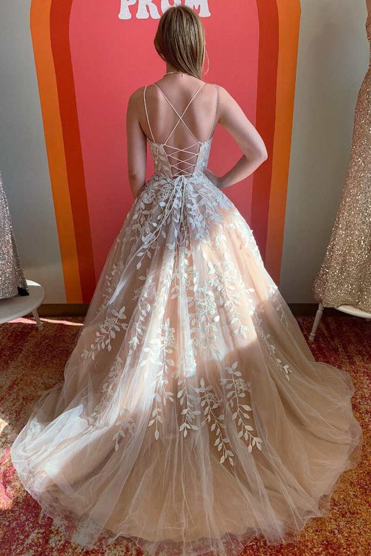 Gorgeous Champagne Spaghetti-Straps Sleeveless A-Line Prom Dress With Appliques