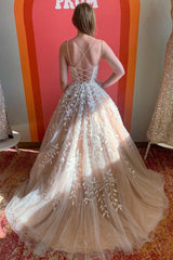 Gorgeous Champagne Spaghetti-Straps Sleeveless A-Line Prom Dress With Appliques