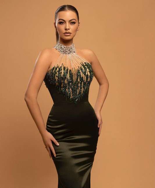 Halter Mermaid Long Prom Dress Sequined Pleated