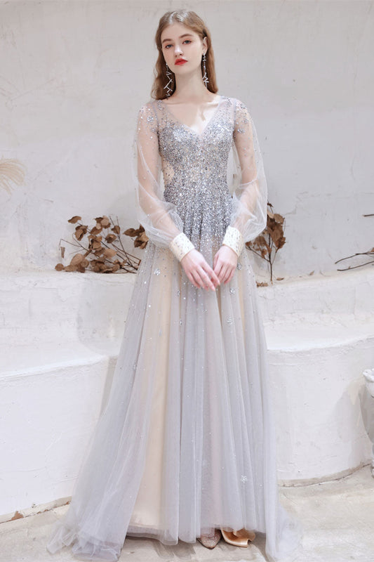 Gorgeous Long Sleeves Fairy Tulle Prom Dress Long With Beads V-Neck