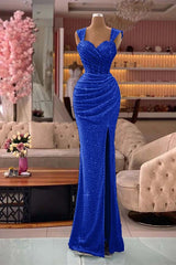  Glamorous Straps Sweetheart Mermaid Sequin Split Evening Dress with Pleats