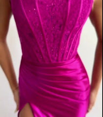 Fushcia Prom Dress Sleeveless Strapless Appliques Slit