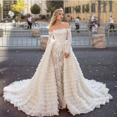 Elegant Mermaid Off-Shoulder Long-Sleeve Bridal Gown With Train
