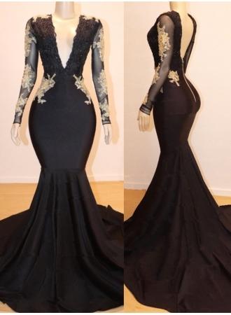 Black Long Sleeves MermaidProm Dresses With Lace Appliques