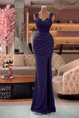  Glamorous Straps Sweetheart Mermaid Sequin Split Evening Dress with Pleats