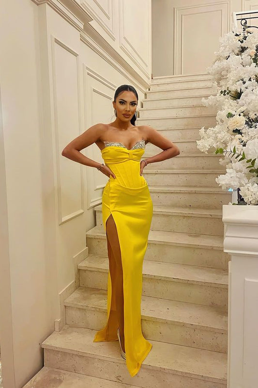 New Arrival Yellow Sweetheart Prom Dress Mermaid Split With Crystals