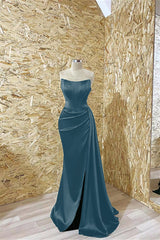 Gorgeous Dark Green Strapless Long Mermaid Prom Dress with Pleats Ruffles