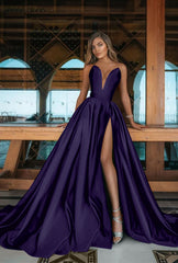 Emerald Green V-Neck Prom Dress Long with Split