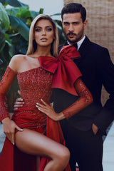 Gorgeous Long Sleeves Burgundy Prom Dress Mermaid Sequins With Split Bowknot