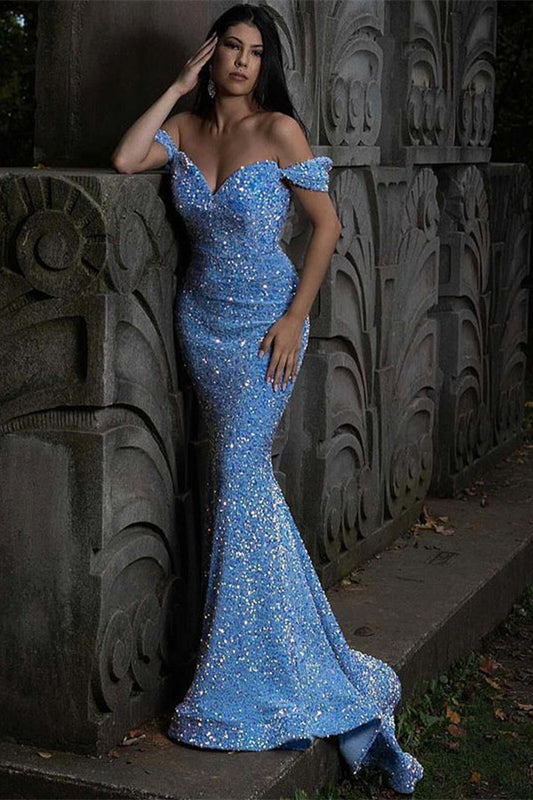 Stunning Off-the-Shoulder Long Prom Dress Mermaid Sequins Party Gowns