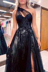 Black One Shoulder A Line Long Slit Prom Dress with Lace