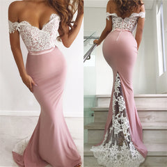 Gorgeous Pink Off-the-shoulder Sweetheart Mermaid Prom Dress With Lace Appliques