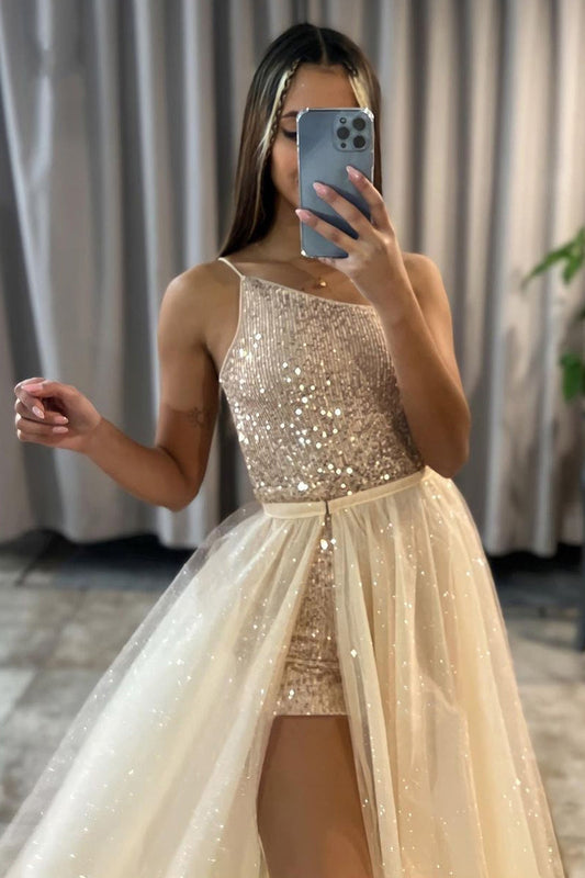 New Arrival One Shoulder Sleeveless Prom Dress Tulle With Sequins Slit