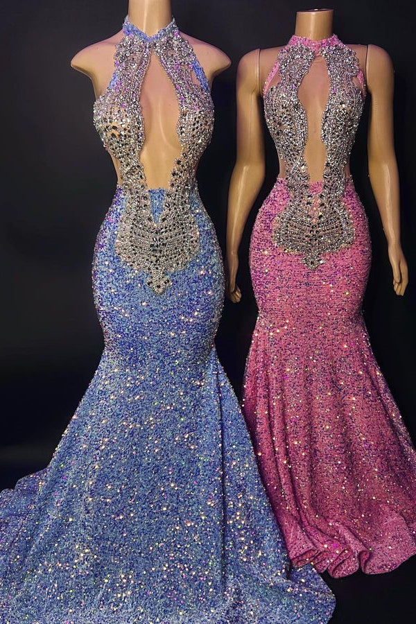 Classic High Neck Sequins Prom Dress Mermaid Sleeveless With Crystals