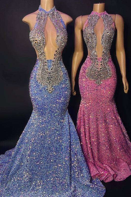 Classic High Neck Sequins Prom Dress Mermaid Sleeveless With Crystals