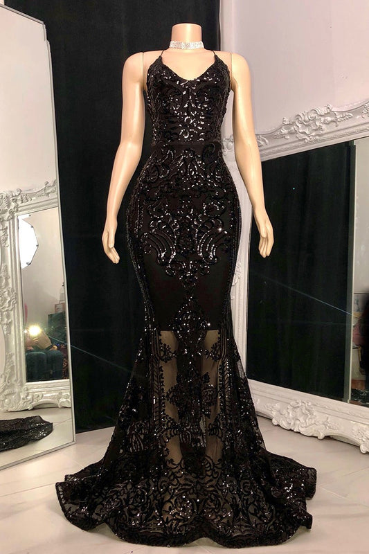 Classy Spaghetti-Straps V-Neck Sleeveless Prom Dress Mermaid Sequins Long
