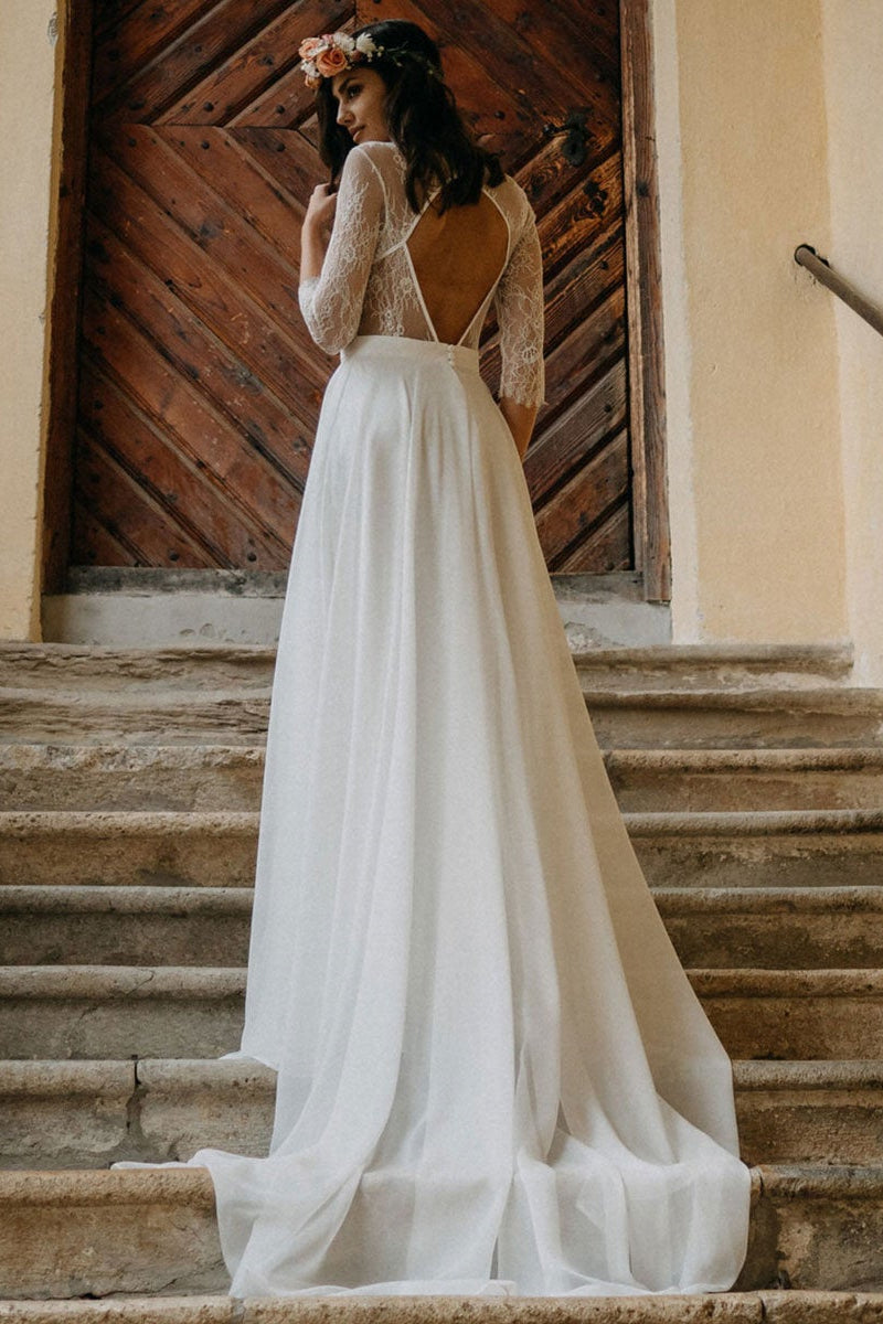 Boho Long Wedding Dress in Chiffon with Lace