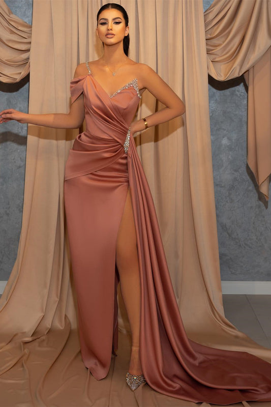 One Shoulder V-Neck Spaghetti-Straps Beads Mermaid Slit Prom Dress with Ruffles