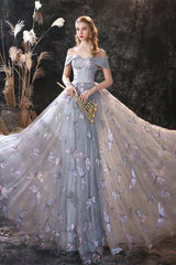 New Arrival Dusty Blue Long Tulle Prom Dress Butterfly Sequins Lace Up