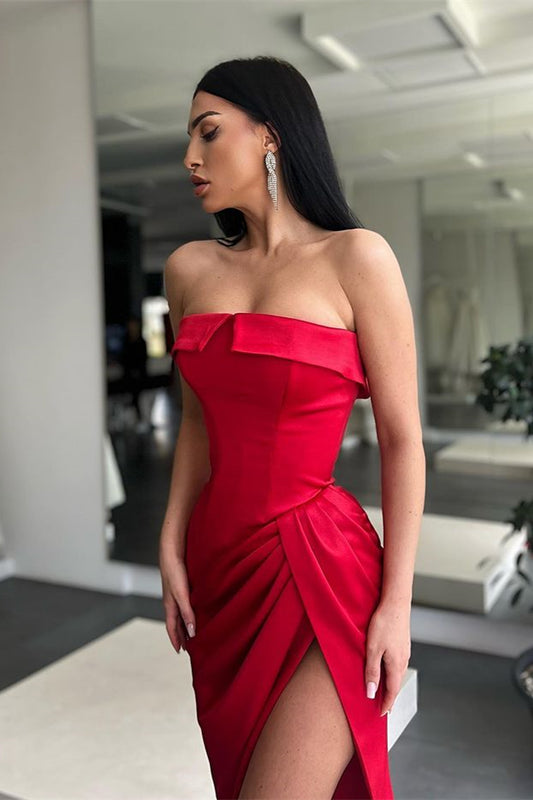Stunning Red Strapless Mermaid Prom Dress Long With Slit