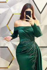 Chic Green Off-The-Shoulder Long Sleeves Mermaid Prom Dress Beadings