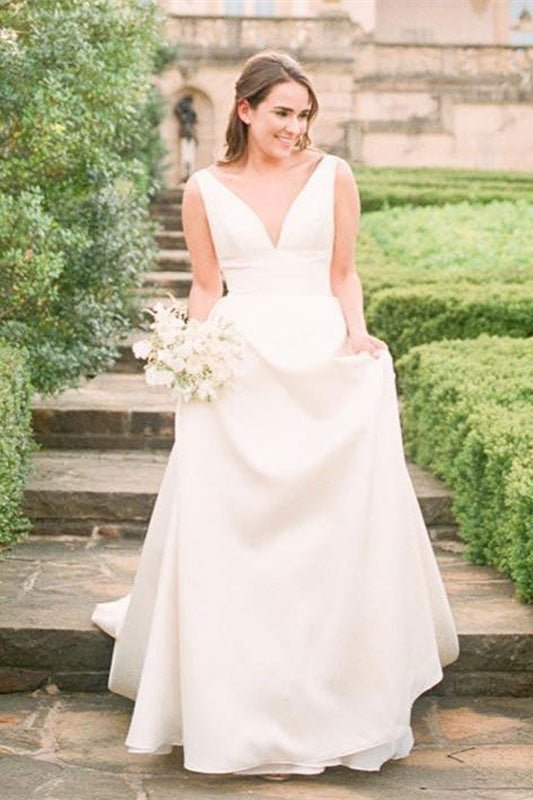 V-Neck Sleeveless Satin Bridal Gown