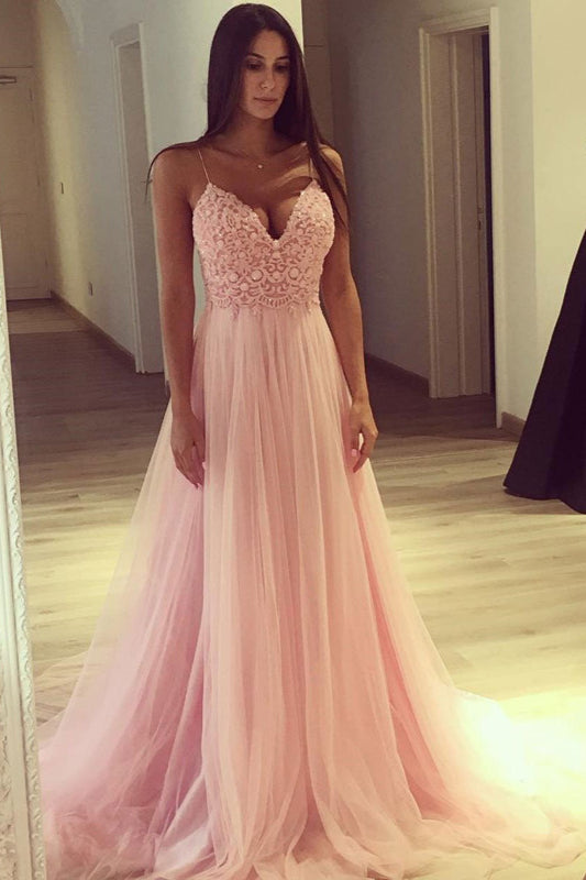 Stunning Pink Spaghetti-Straps Long Prom Dress Lace Tulle Party Gowns