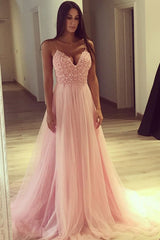 Stunning Pink Spaghetti-Straps Long Prom Dress Lace Tulle Party Gowns