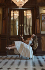 Elegant Short A-line Bridal Gown with Off-the-Shoulder Neckline and Lace Appliques